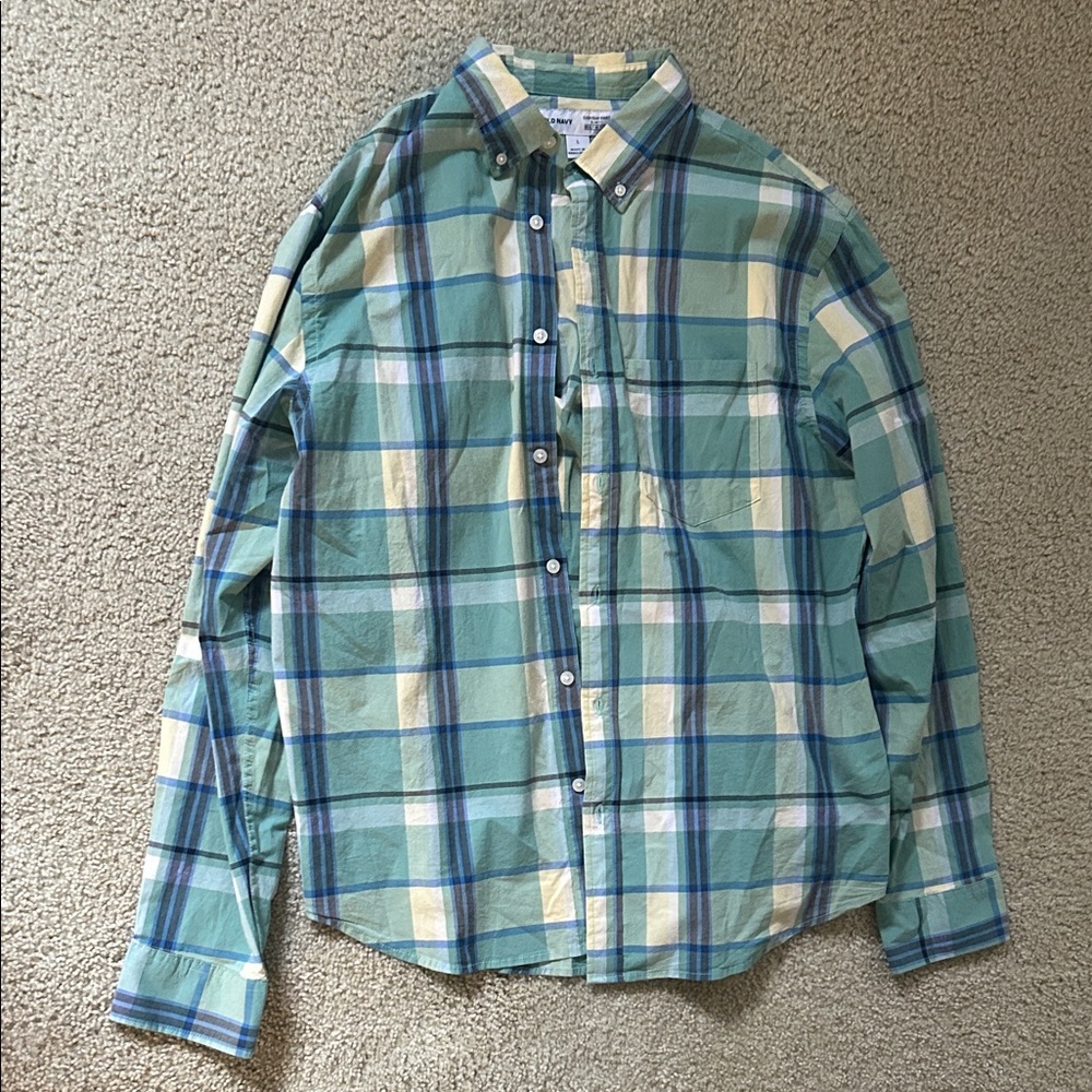 Old Navy Men's Teal and Cream Plaid Shirt